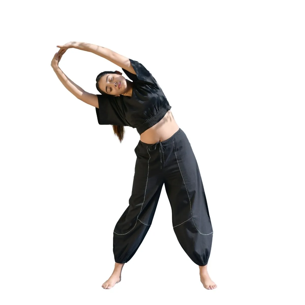 Black Handwoven Cotton Smocked Waist Crop-Top with Yoga Pant| Athleisure Harem, Top, Pant Co-Ord Set