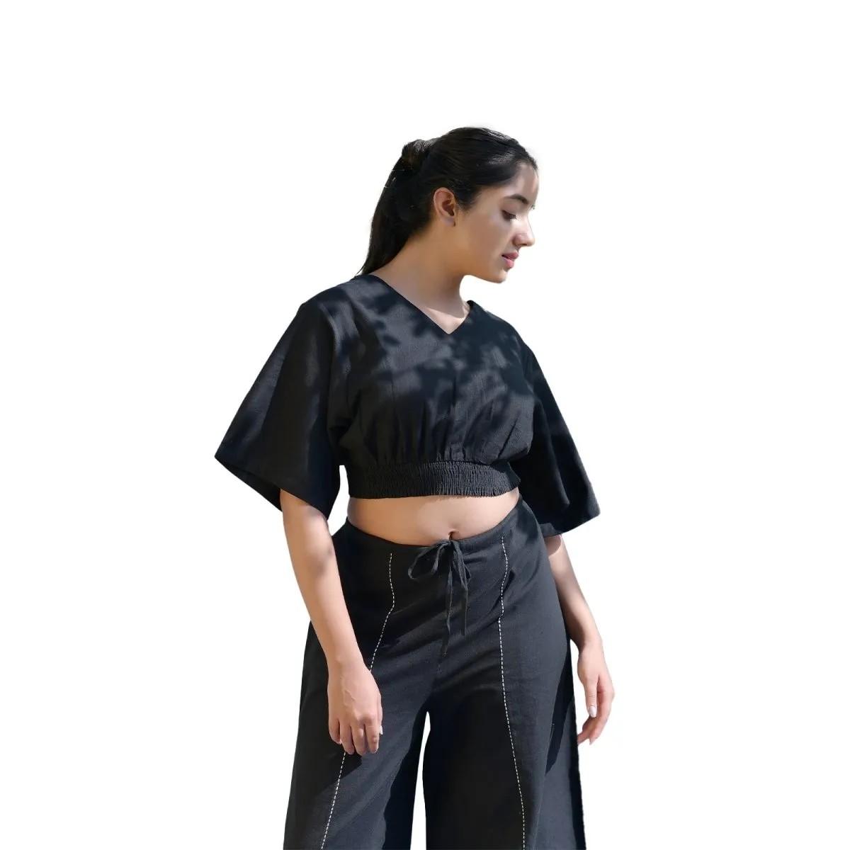 Black Handwoven Cotton Smocked Waist Crop-Top with Yoga Pant| Athleisure Harem, Top, Pant Co-Ord Set