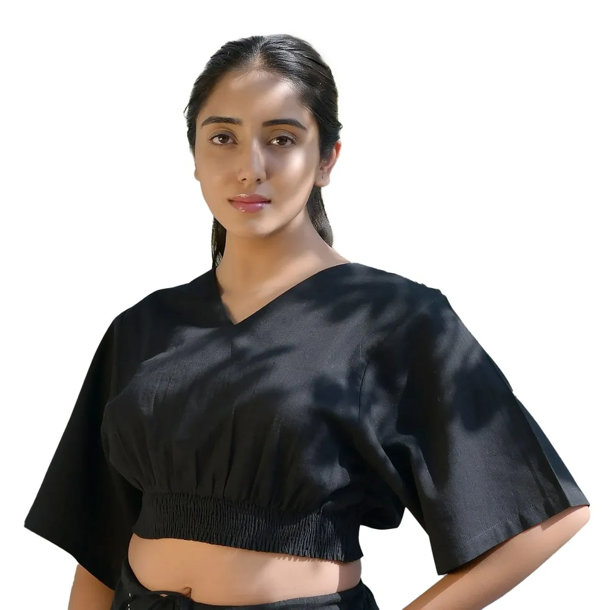 Black Handwoven Cotton Smocked Waist Crop-Top with Yoga Pant| Athleisure Harem, Top, Pant Co-Ord Set