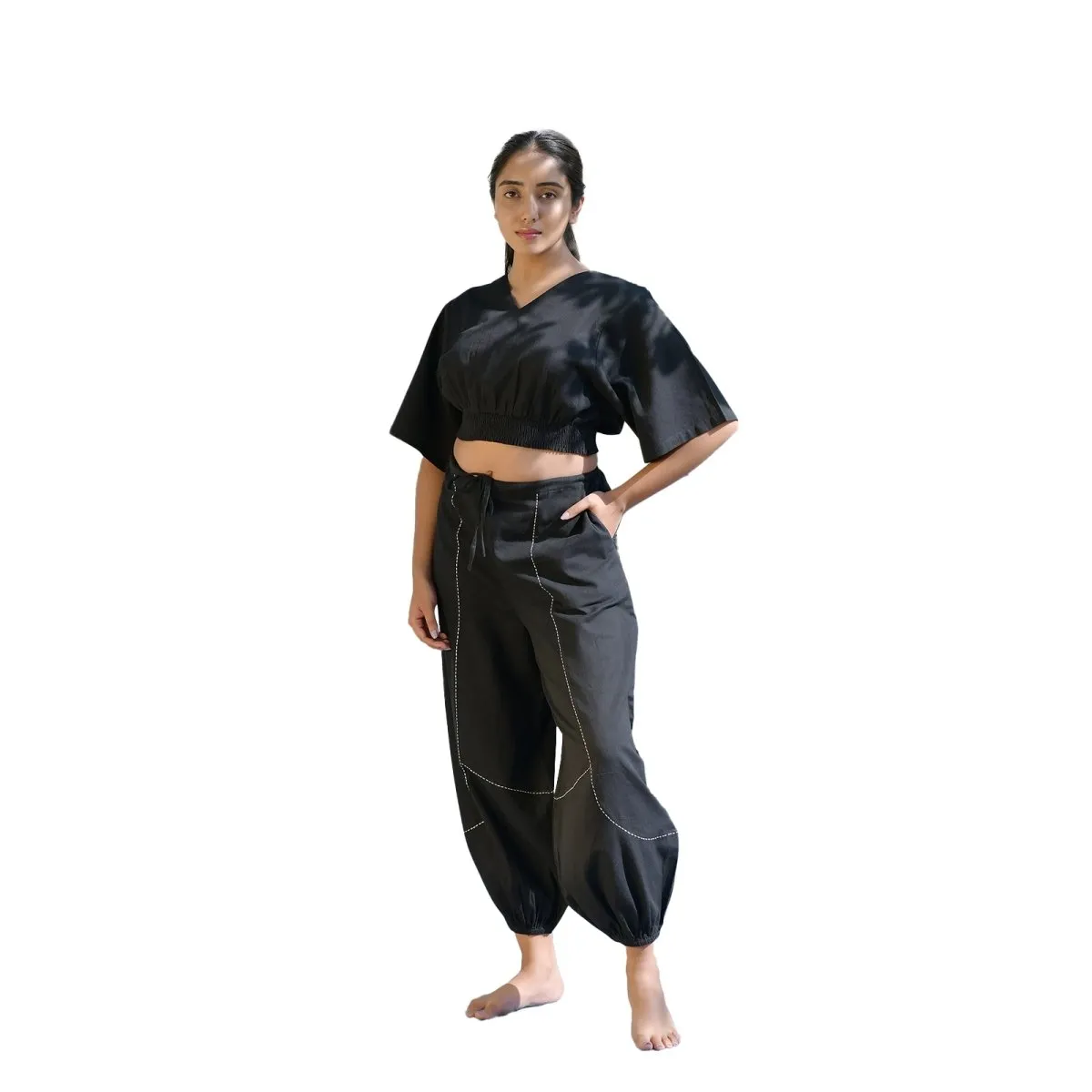 Black Handwoven Cotton Smocked Waist Crop-Top with Yoga Pant| Athleisure Harem, Top, Pant Co-Ord Set