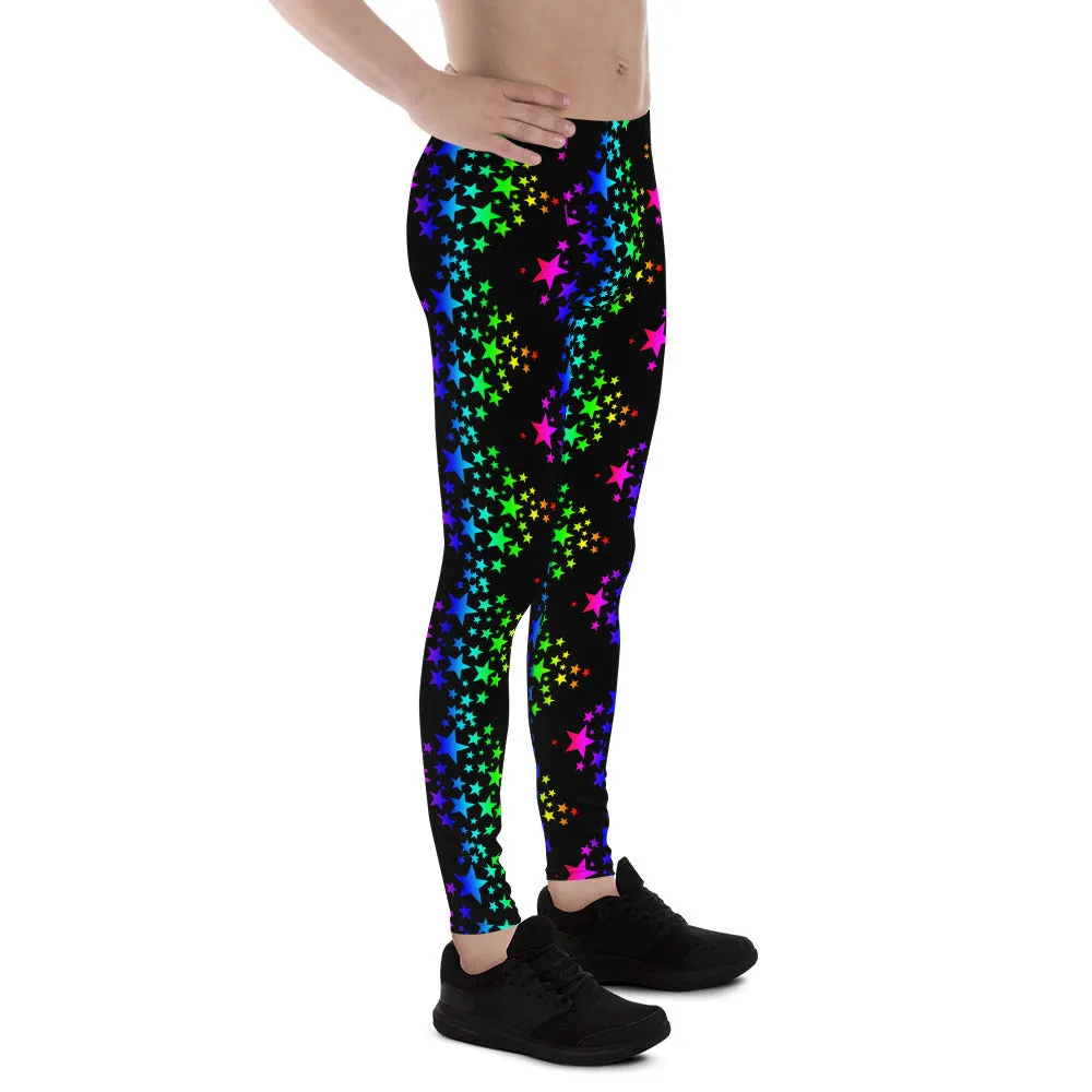 Black Rainbow Meggings, Stars Pattern Men's Leggings Compression Tights-Made in USA/EU