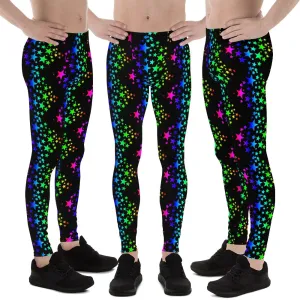 Black Rainbow Meggings, Stars Pattern Men's Leggings Compression Tights-Made in USA/EU