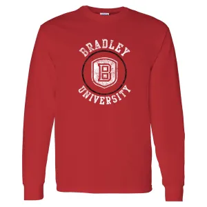 Bradley University Braves Distressed Circle Logo Basic Cotton Long Sleeve T Shirt - Red