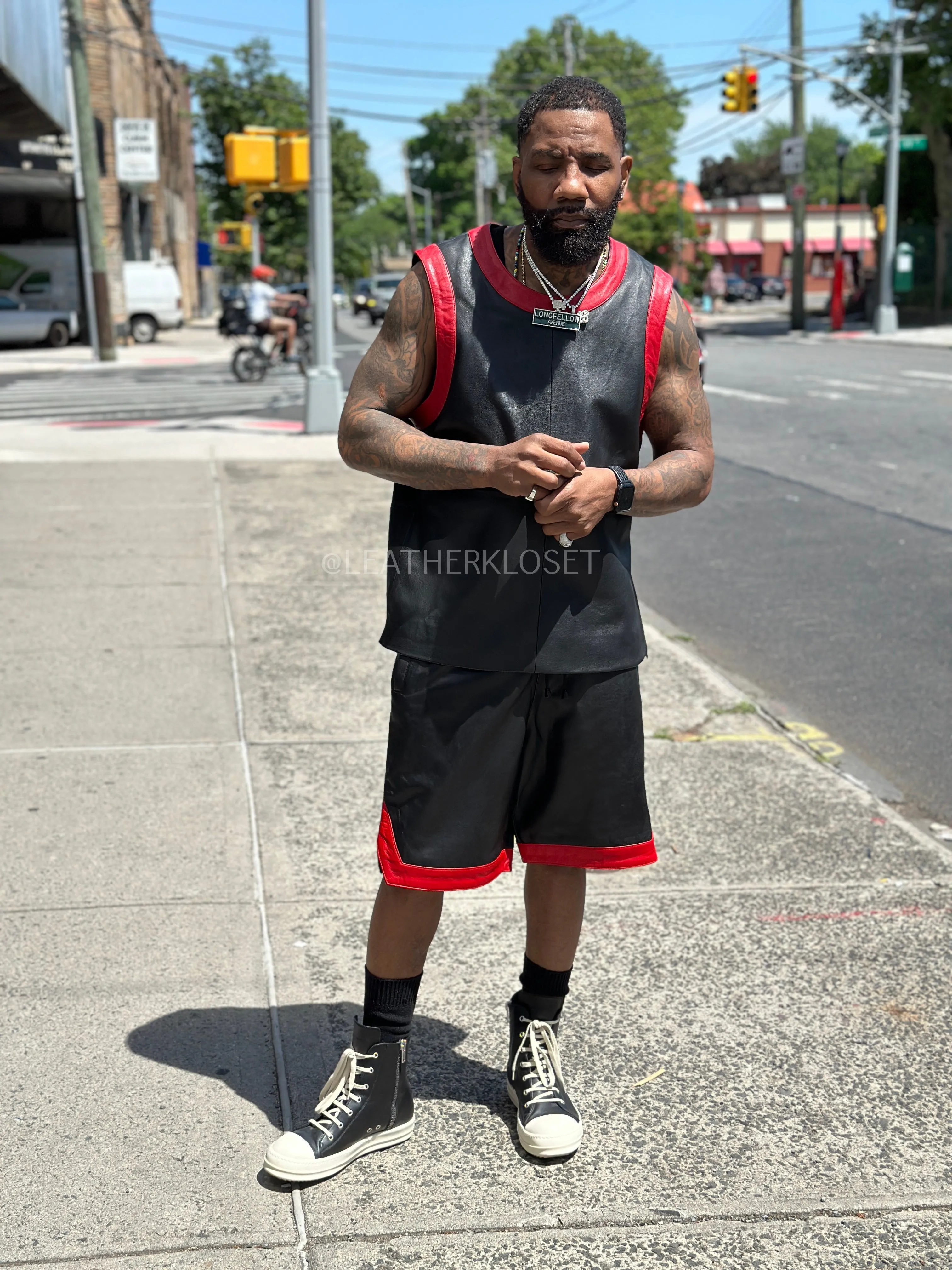 Men's Crossover Leather Basketball Jersey And Shorts [Black/Red]