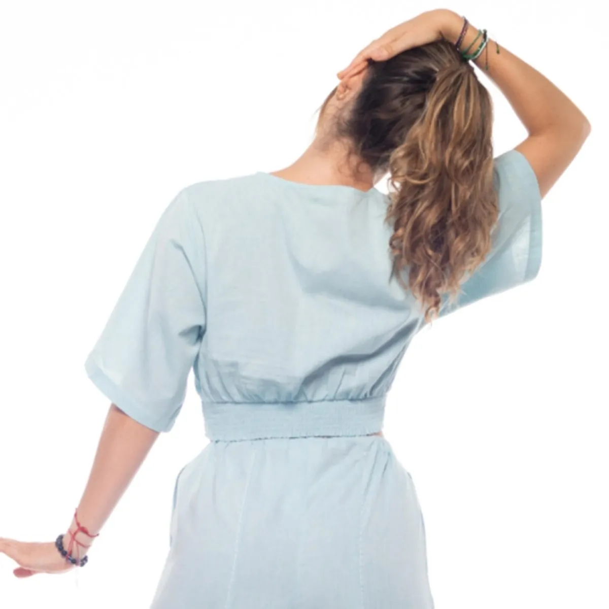 Sky-Blue Women's Cotton Yoga Smock Top | Loose fit for Ultimate Relaxation with Sleeves | Smocked Waist Crop Top