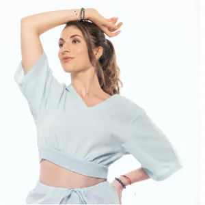 Sky-Blue Women's Cotton Yoga Smock Top | Loose fit for Ultimate Relaxation with Sleeves | Smocked Waist Crop Top