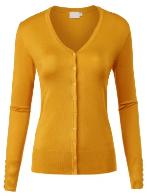 Women's Solid Button Down V-Neck Long Sleeve Knit Sweater Cardigan (FWC1030)